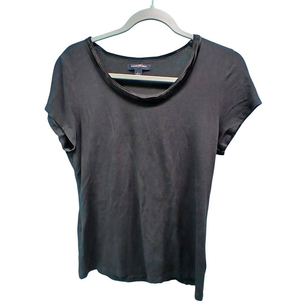 Banana Republic Black Scoop Neck Top Pleated‎ Trim Rayon Tencel Blend Large